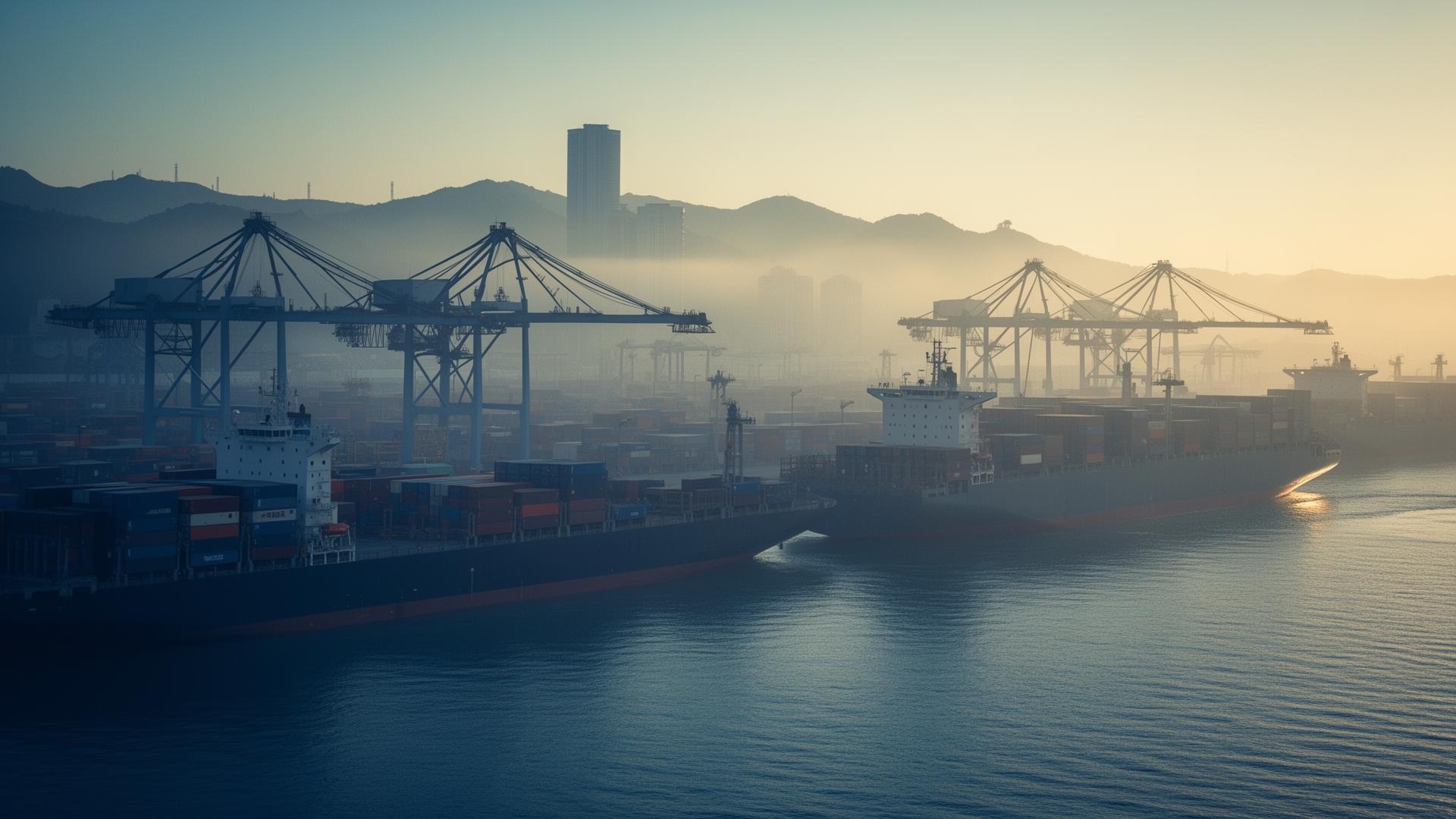 Container port in Taiwan at golden hour